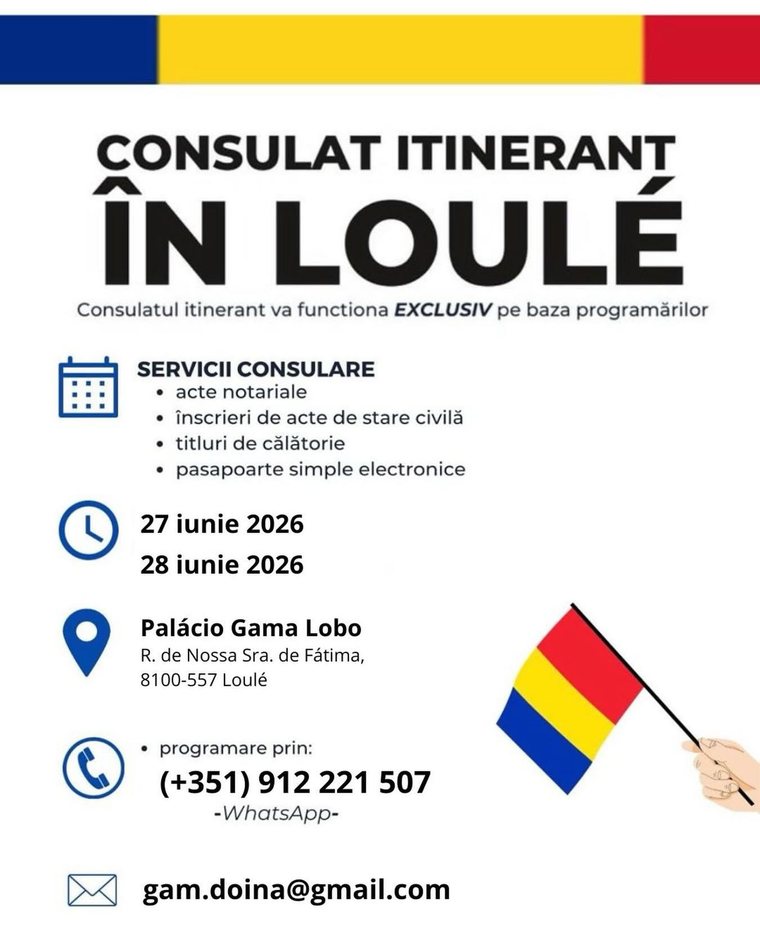 Cartaz do consulado itinerante da Roménia em Loulé, 27 e 28 de junho de 2026